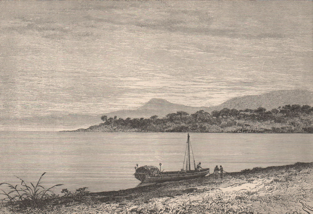 View from Mpala, on the West Coast of Tanganyika. Congo 1885 old antique print